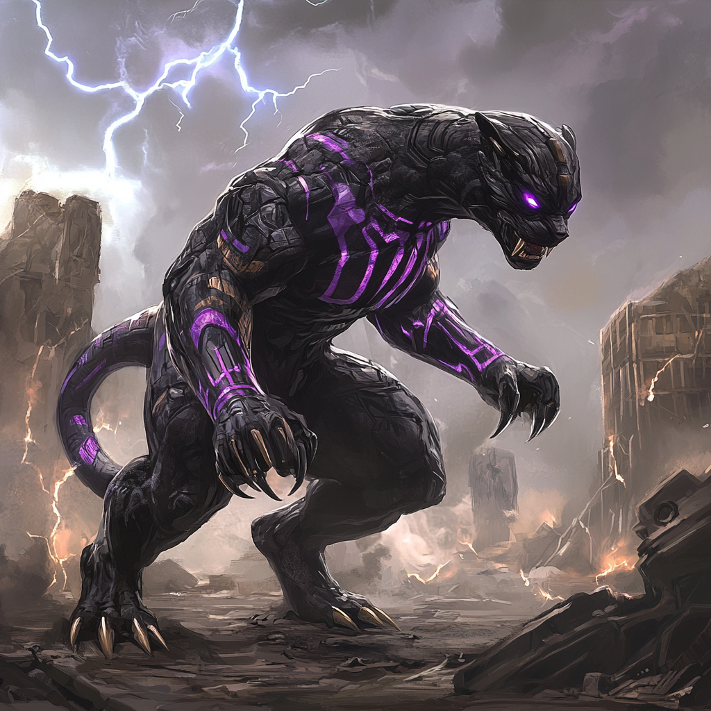 Biological fusion of Black Panther and Godzilla in dystopian Wakanda.