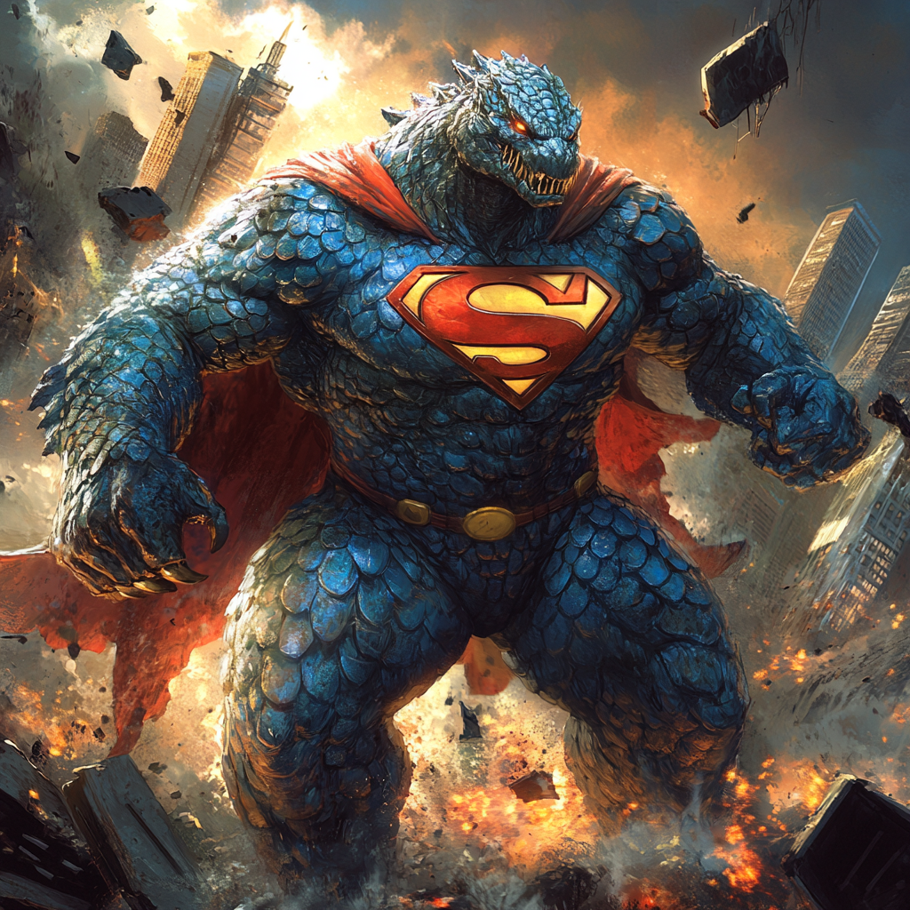 Biological fusion of Superman and Godzilla with blue scales.