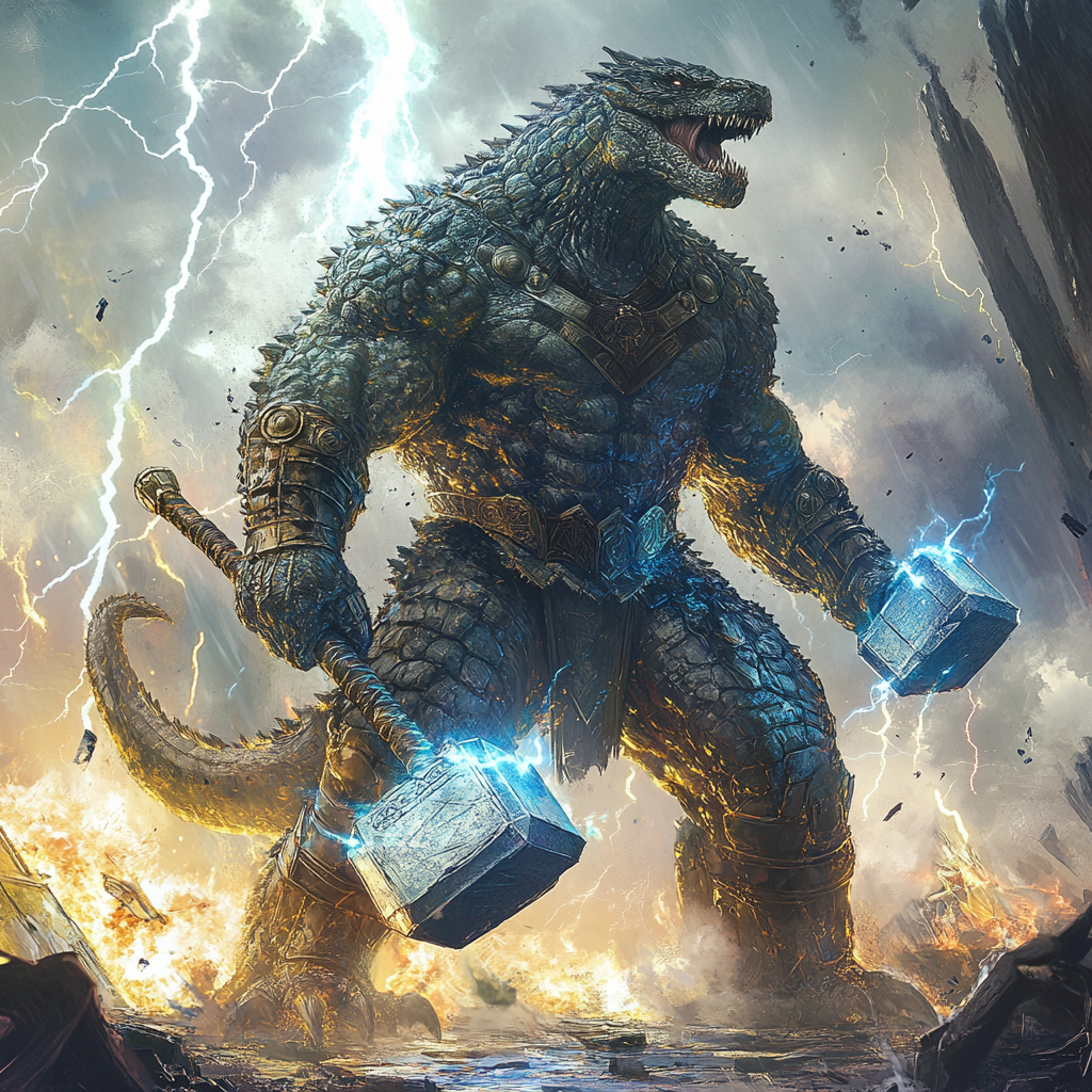 Biological fusion of Thor and Godzilla with enchanted hammer.