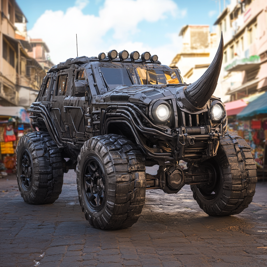 Bionic Rhino-Jeep Creature in Urban Nairobi Street