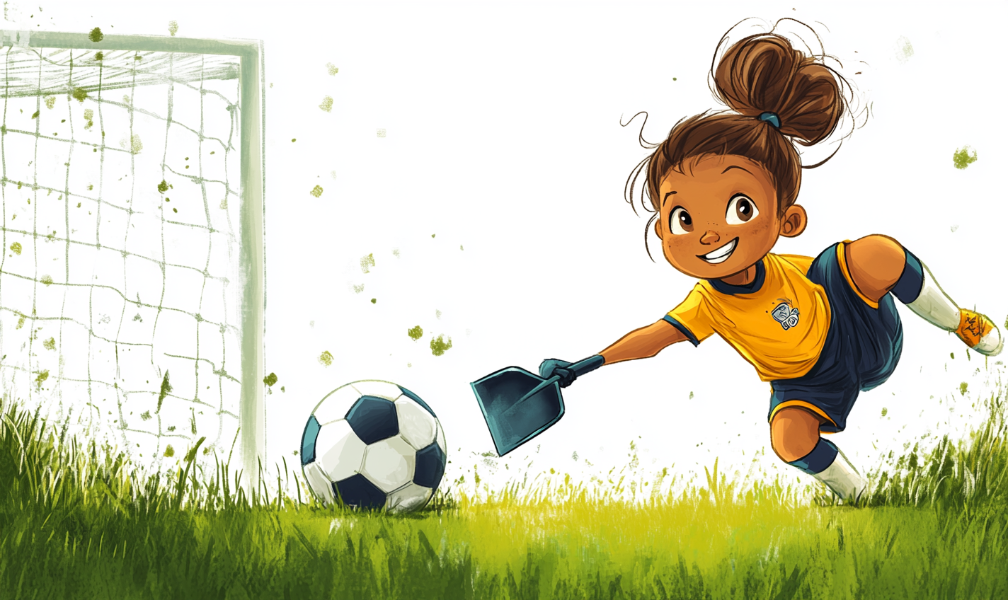 Biracial girl guards soccer goal with shovel, cartoon style 