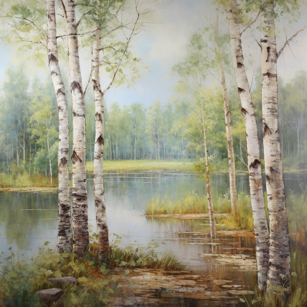 Birch tree painting with distressed, delicate nature details.