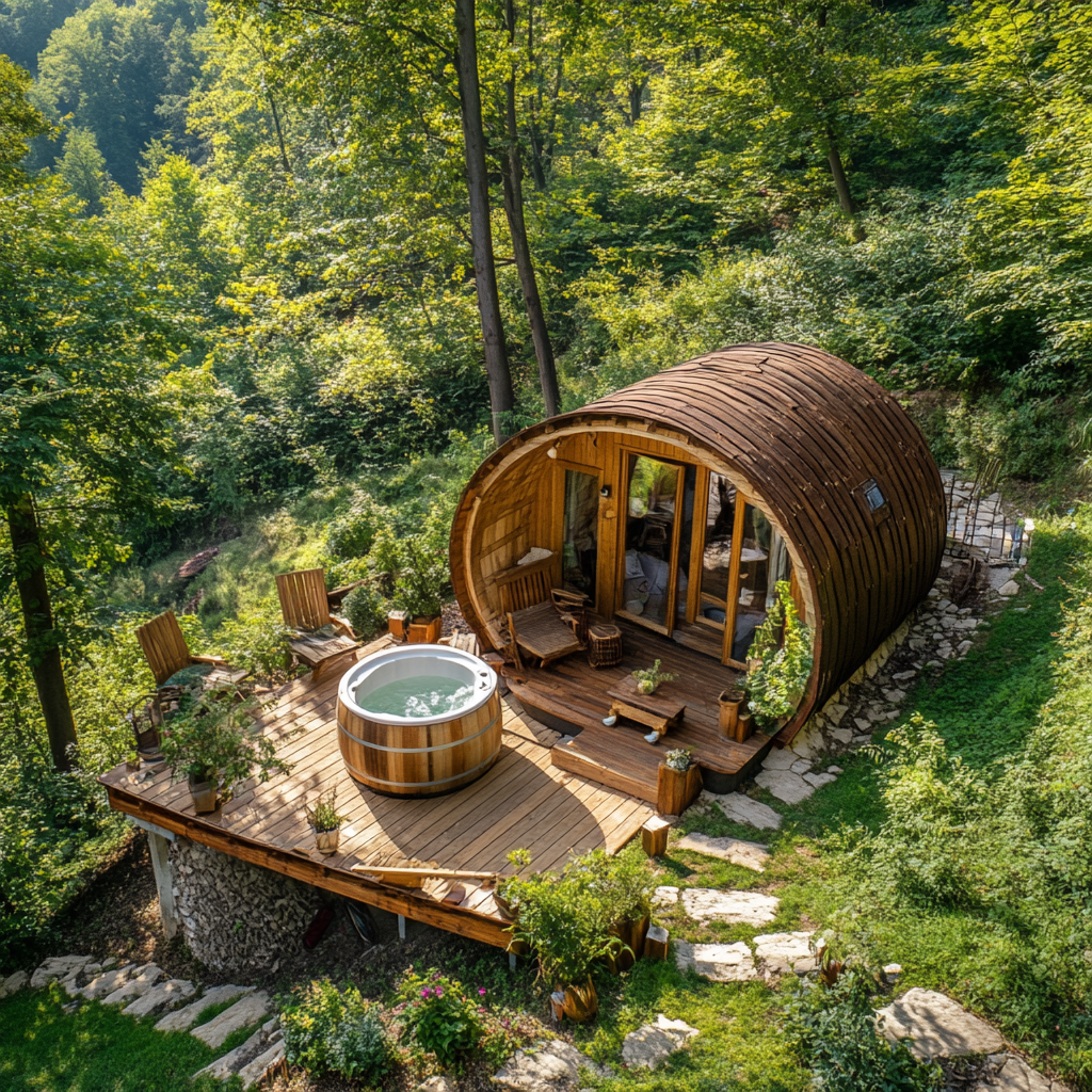 Bird's Eye View of Cozy Romanian Cottage with Wooden Jacuzzi