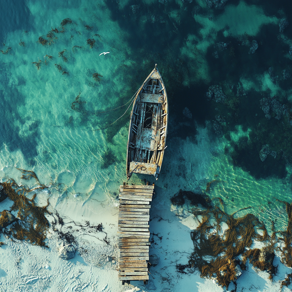 Bird's eye view of serene seashore with old pier.