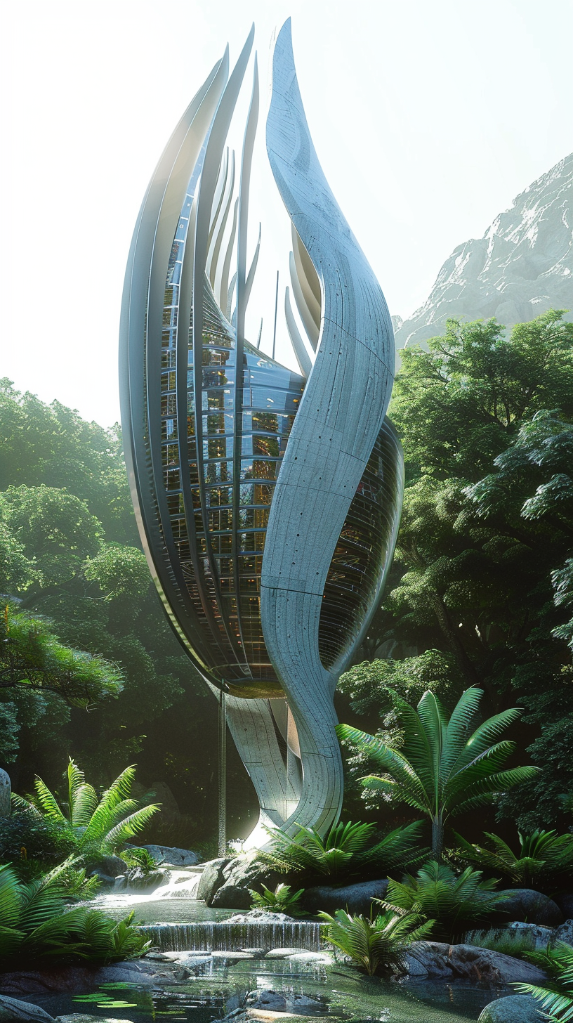 Bird-inspired building with wings, feathers, lush vegetation, practical shape.