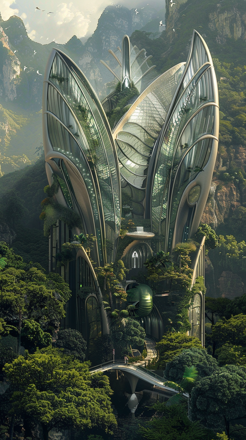 Bird-inspired futuristic building with lush vegetation, hyper realistic design.