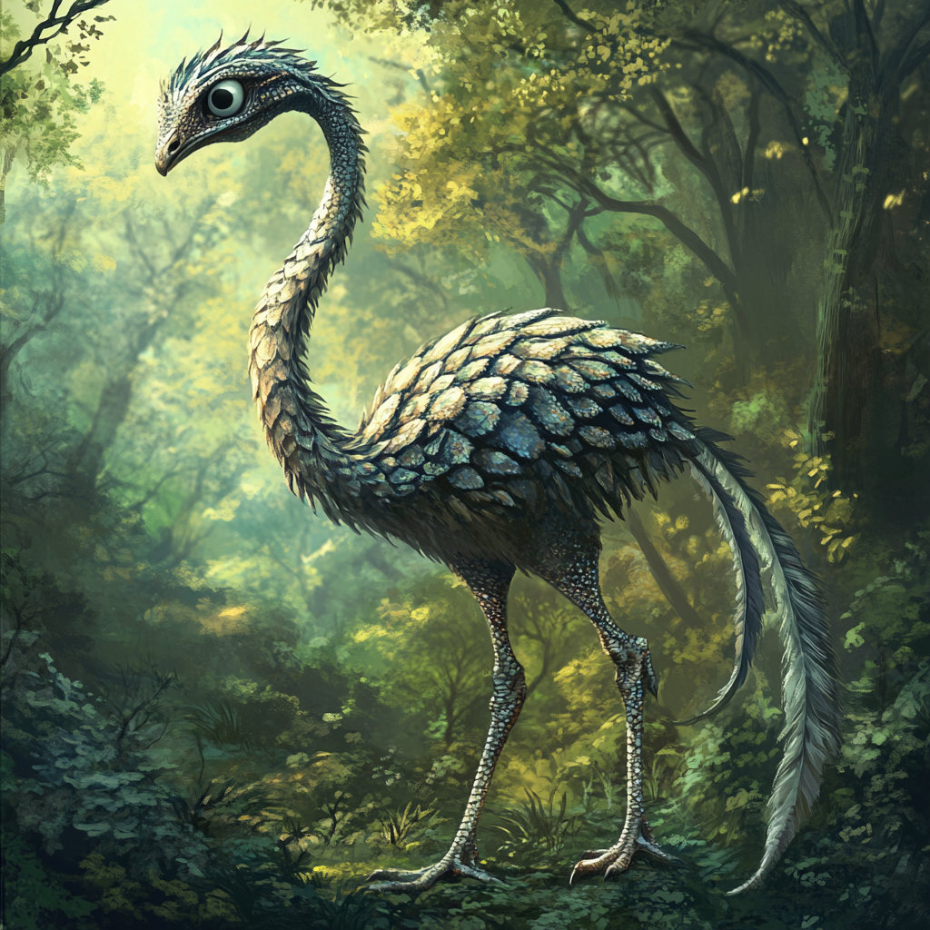 Bird-like creature with scales, ostrich shape, long neck.