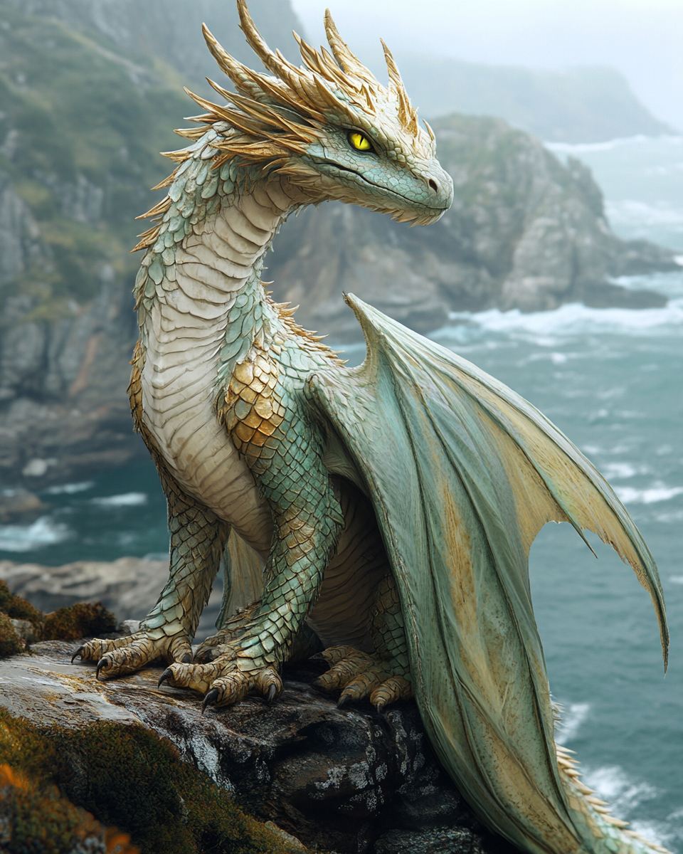 Bird-like dragon on cliff with green-gold scales and iridescent eyes.