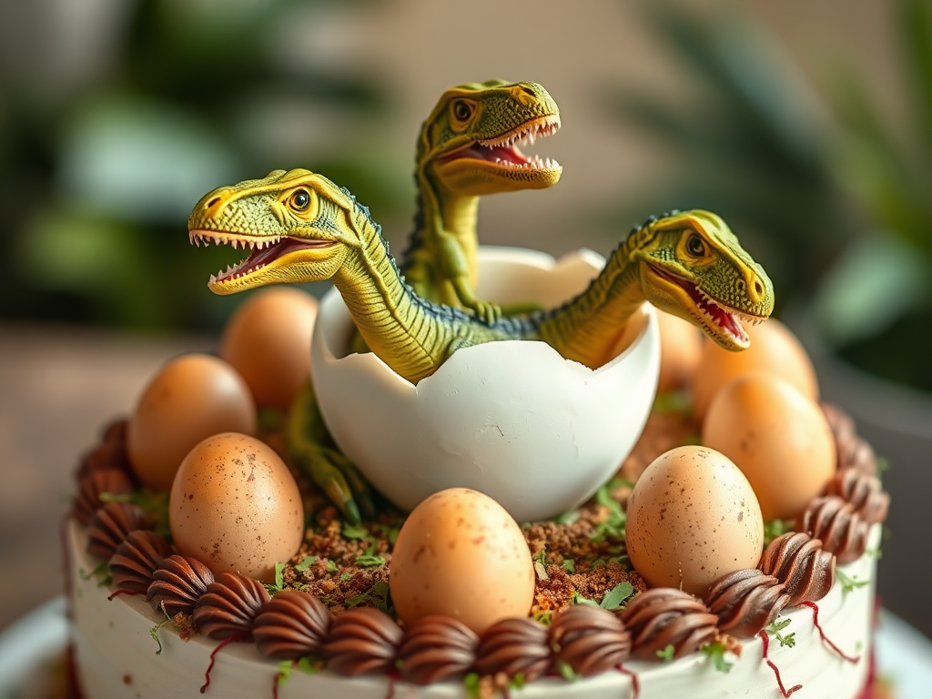 Birth of dinosaur from egg on birthday cake.