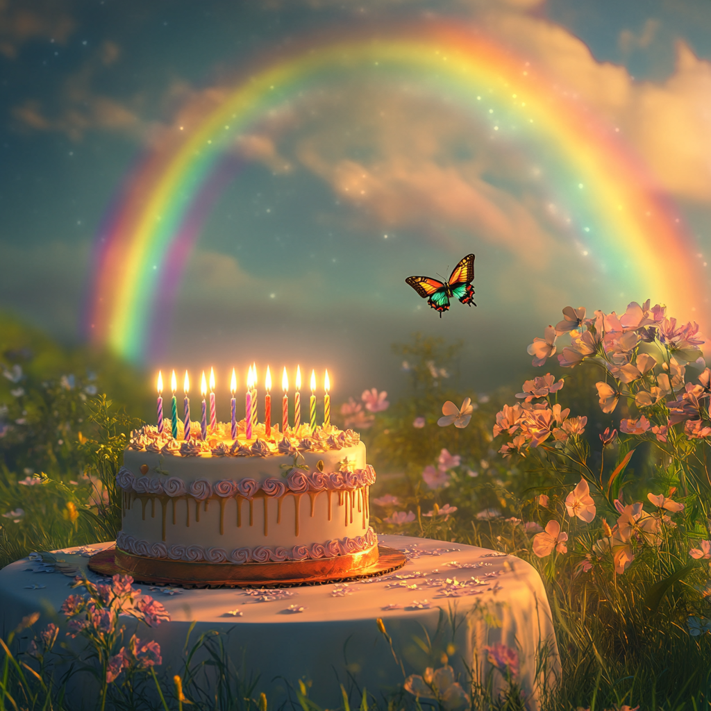 Birthday cake with candles. Rainbow in sky, flowers.