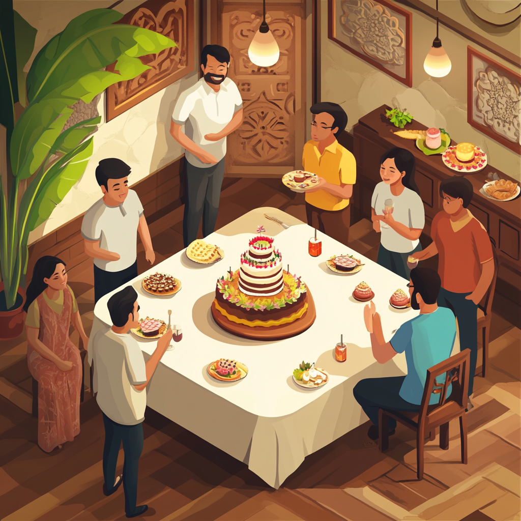 Birthday party in Bali restaurant, isometric city illustration