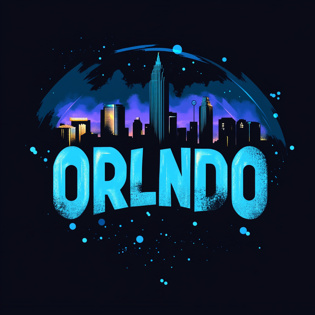 Black, white, and blue Orlando trading card convention logo.