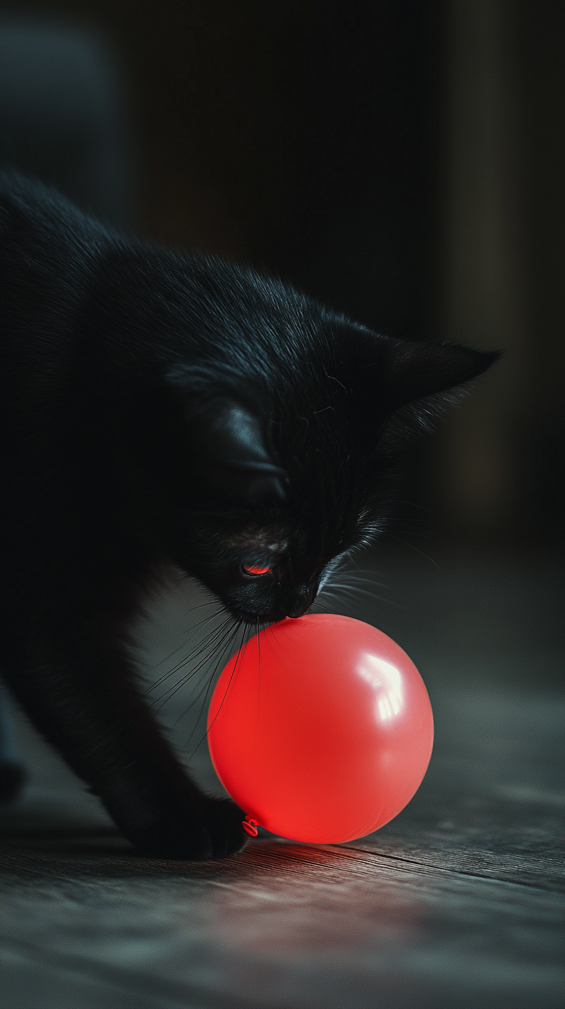 Black Cat Playing With Red Balloon In Dark Room