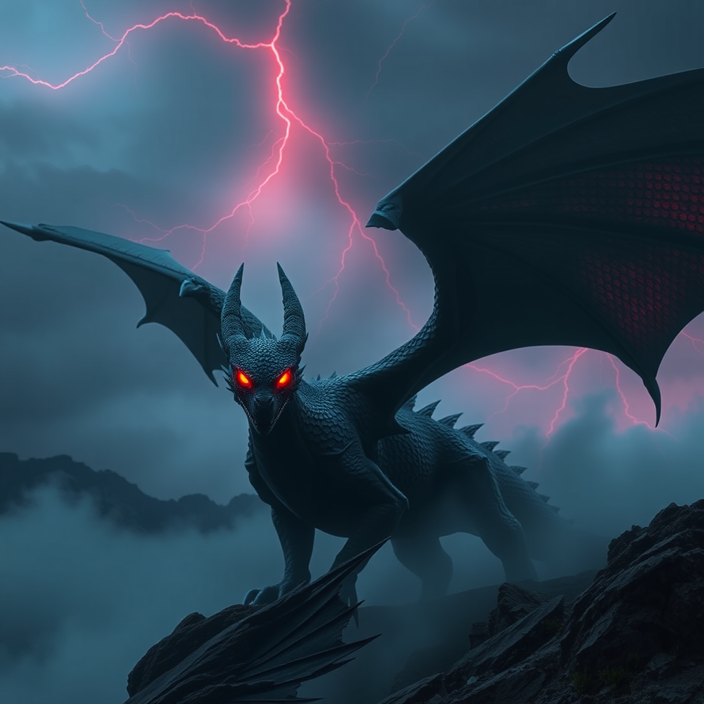 Black Dragon with Red Glowing Eyes in Stormy Sky