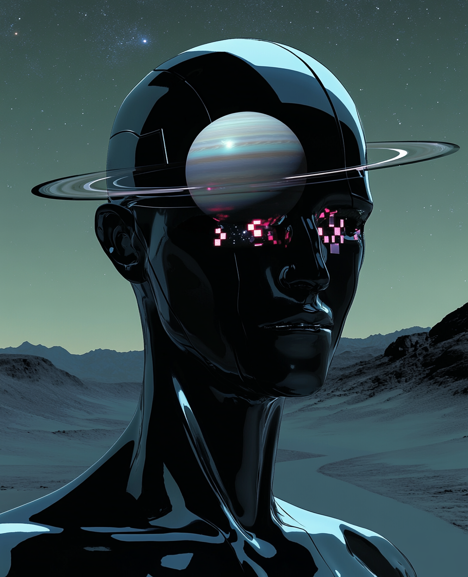 Black God with Saturn Eyes in Futuristic Landscape