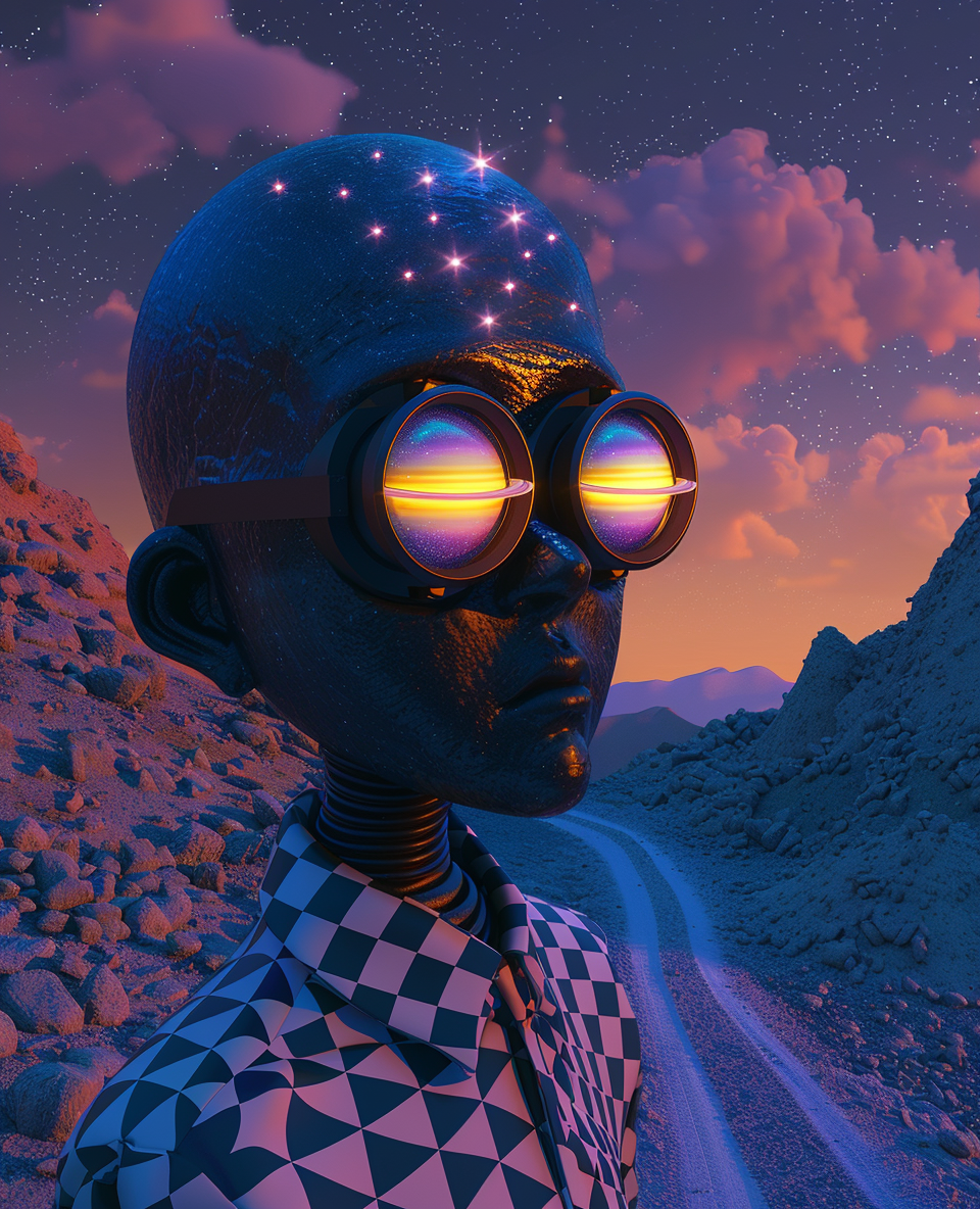 Black God with Saturn Eyes in Surreal Landscape