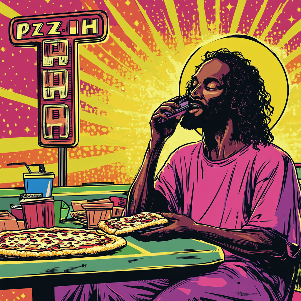 Black Jesus at Pizza Hut, enjoying a slice.