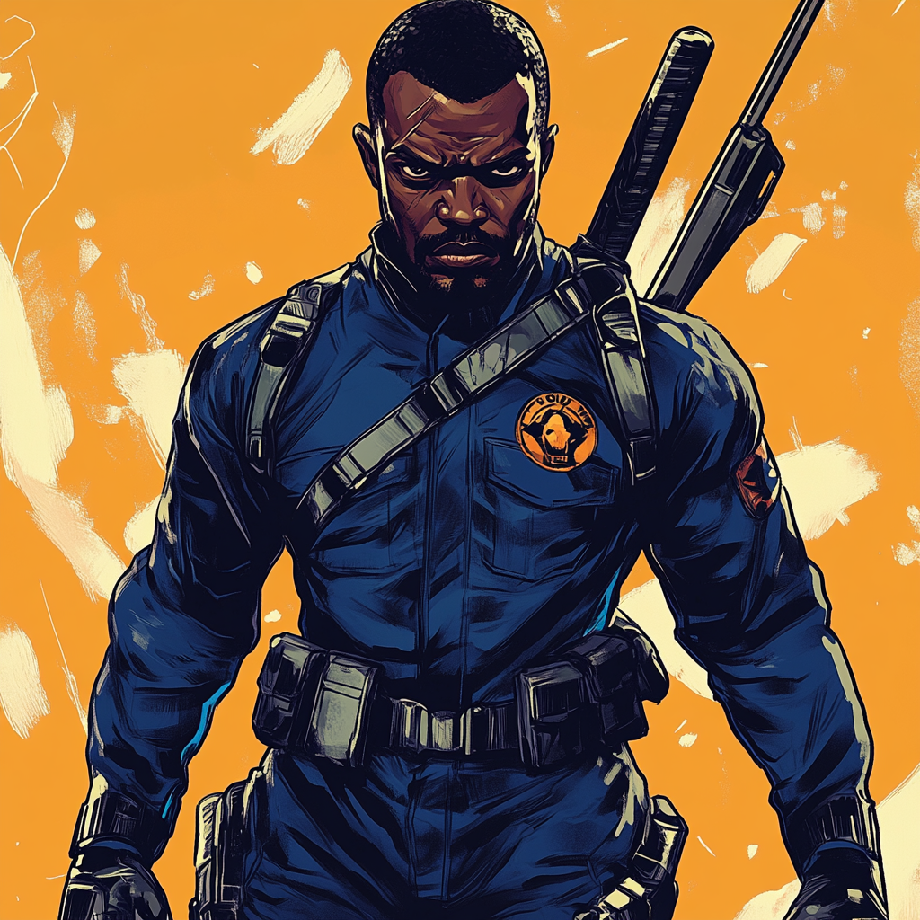 Black Man Superhero Character with Weapons, 2D Drawing 