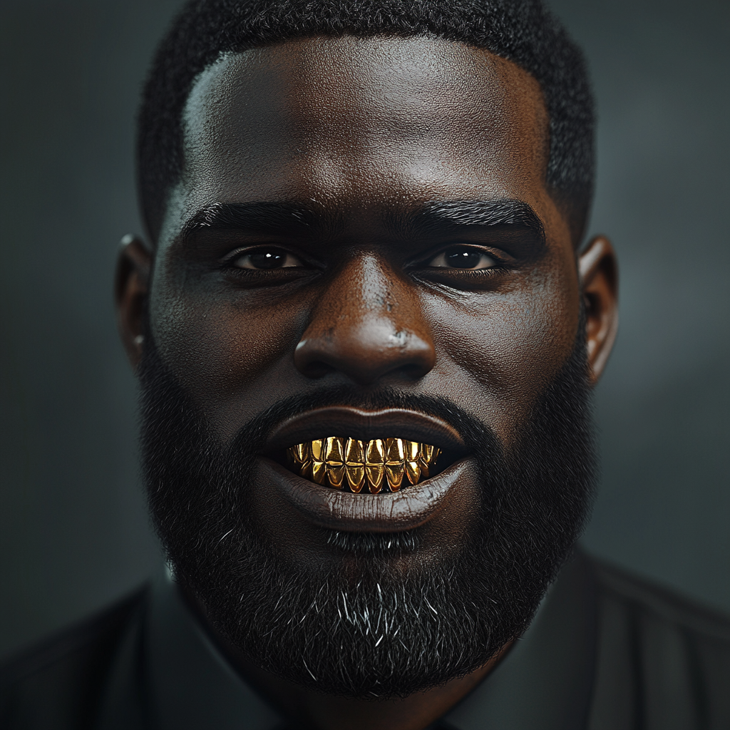 Black Man with Beard, Gold Grill, Mafia Style