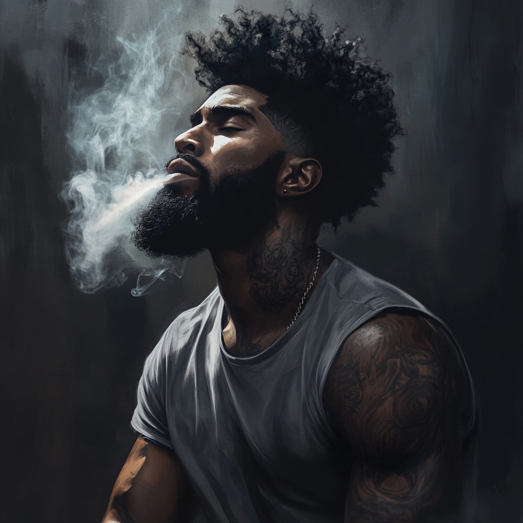 Black Man with Tattoos and Smoke in Gray T-shirt 