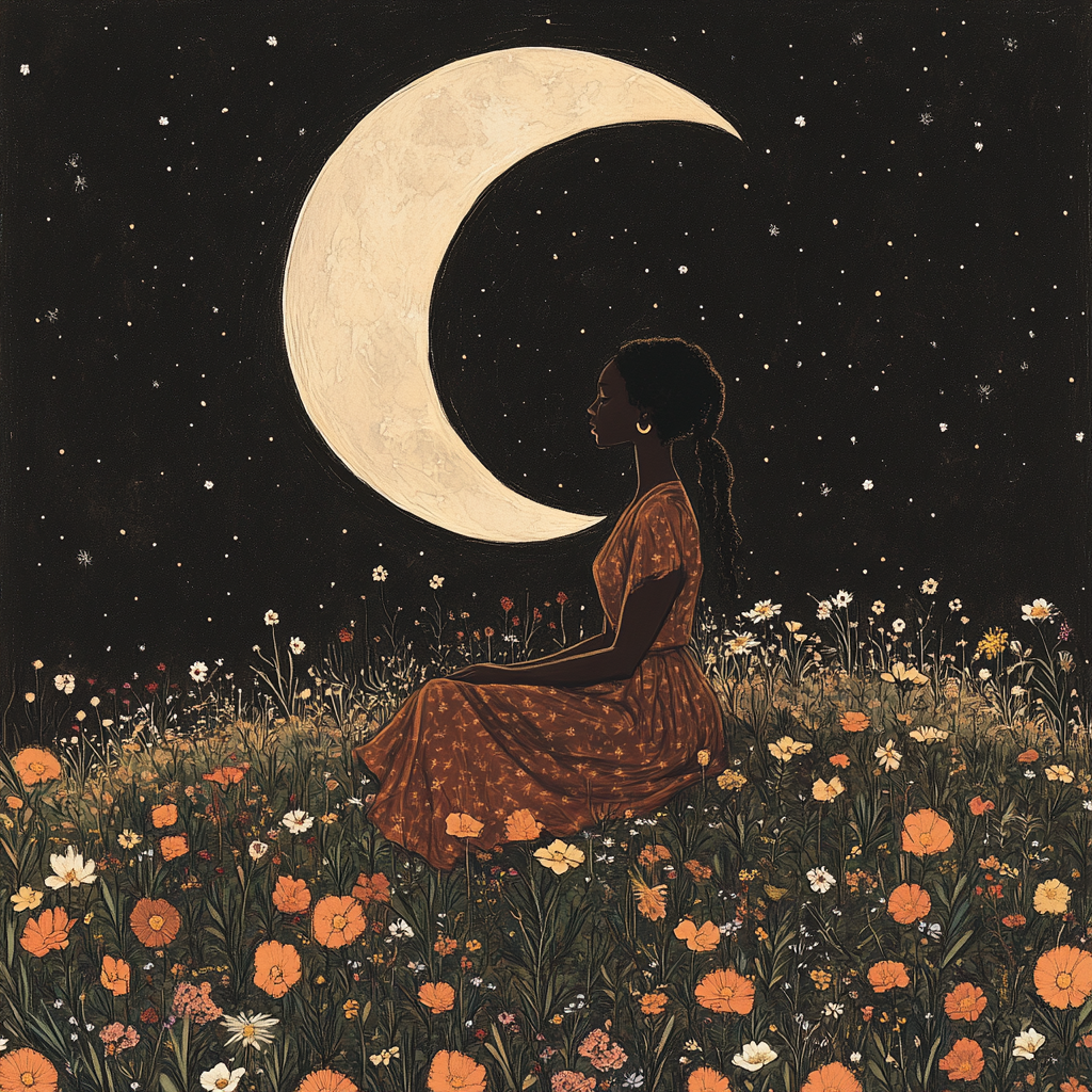 Black Moon: Tarot Card Illustration of Woman on Hill