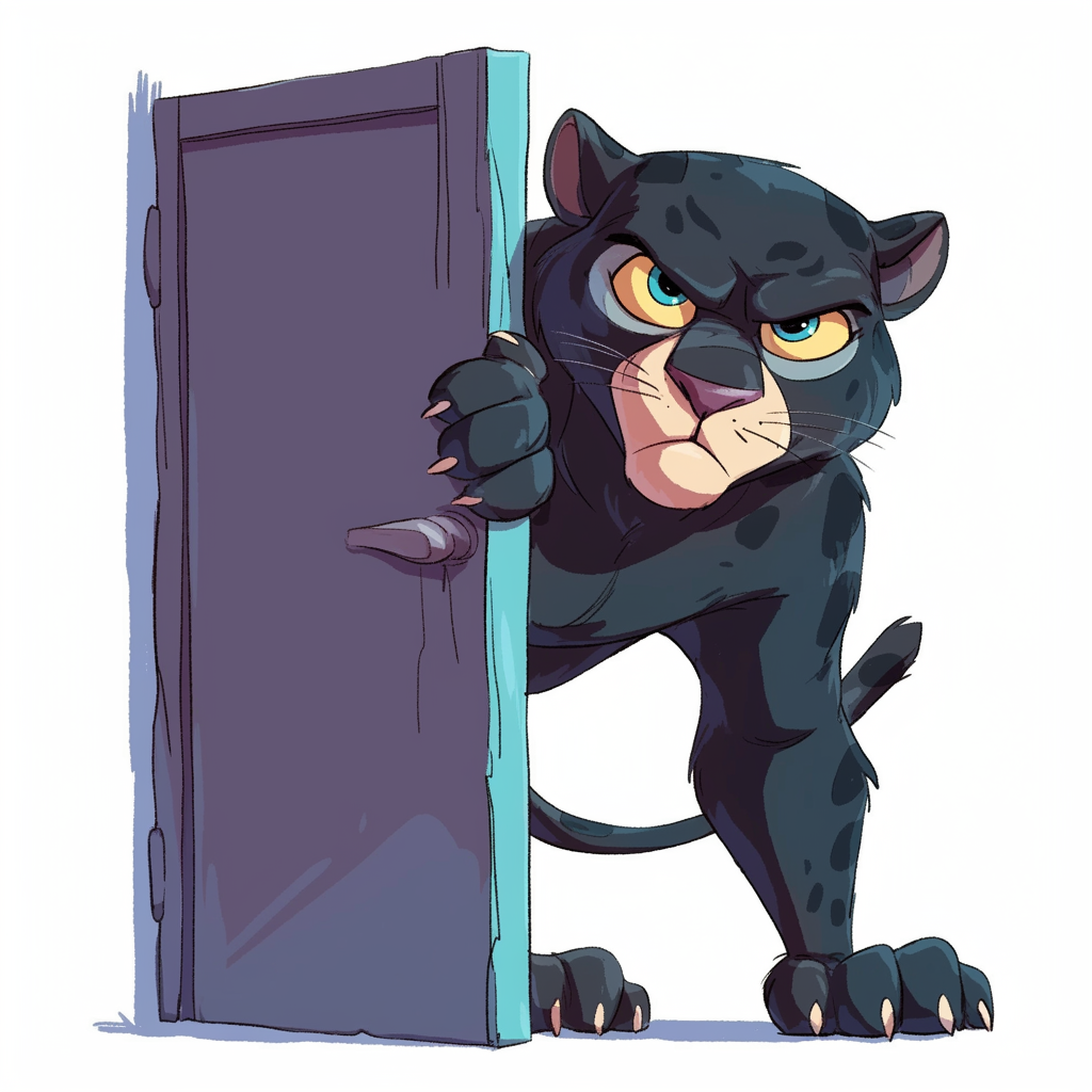 Black Panther Cartoon Illustration in Doorway, Kid-Friendly Image