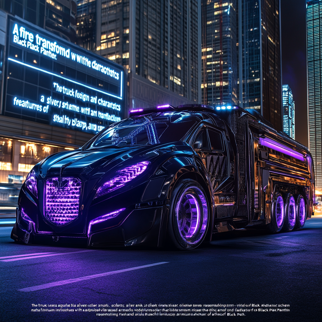 Black Panther themed fire truck glows with purple hues.