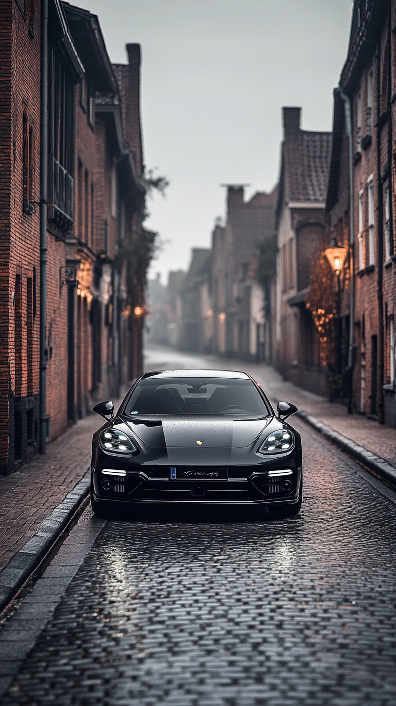 Black Porsche Panamera gliding through quaint town streets.