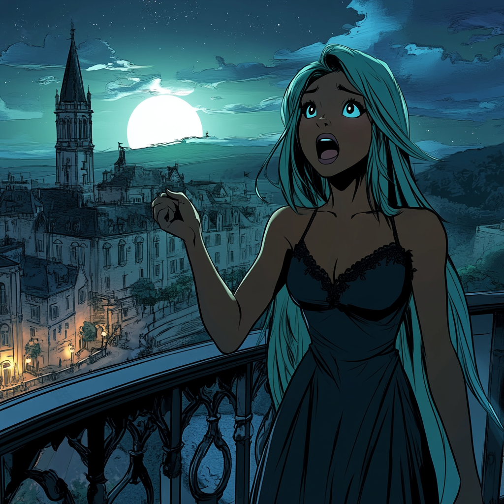 Black Princess in Blue Gown on Castle Balcony