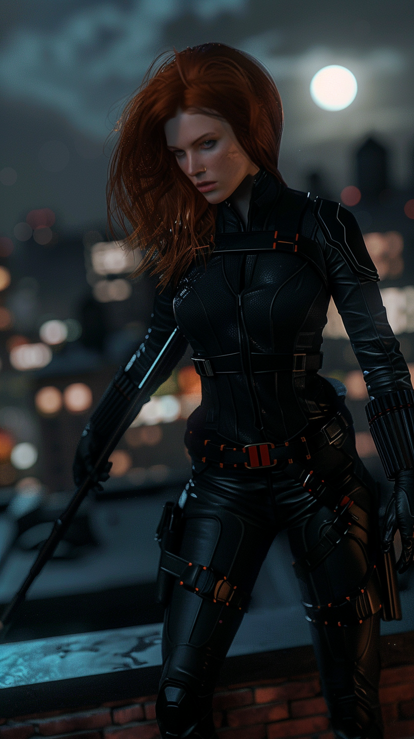 Black Widow standing on rooftop with batons in hand.