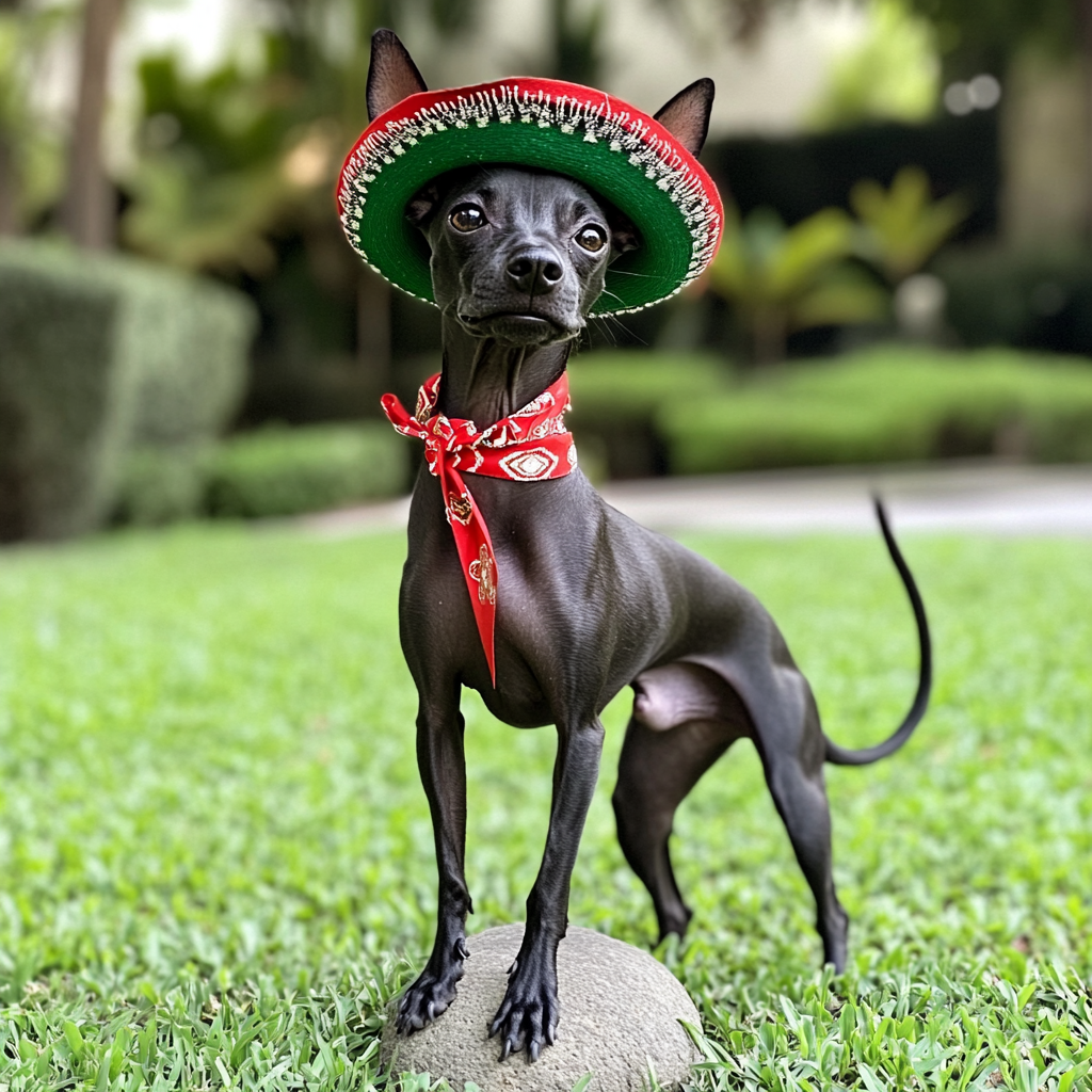 Black Xoloitzcuintli in Mexican hat on lawn with stone