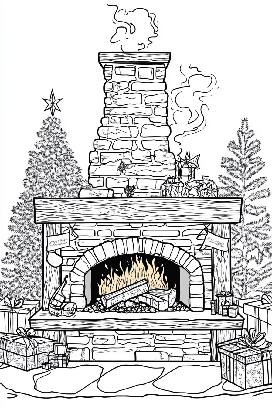 Black and White Christmas Cabin Fireplace Scene