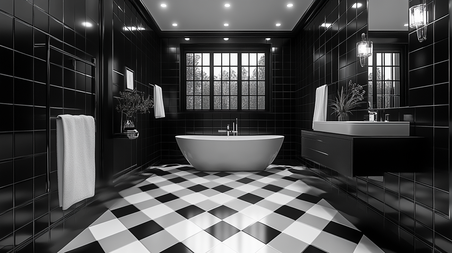 Black and White Monochrome bathroom with geometric tile design.