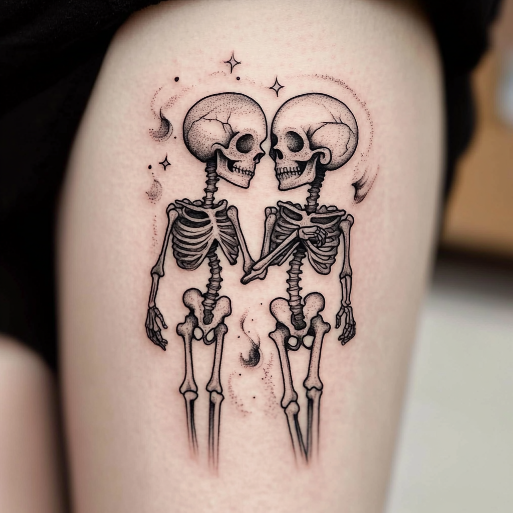 Black and grey tattoo design of intertwined skeletons in love.