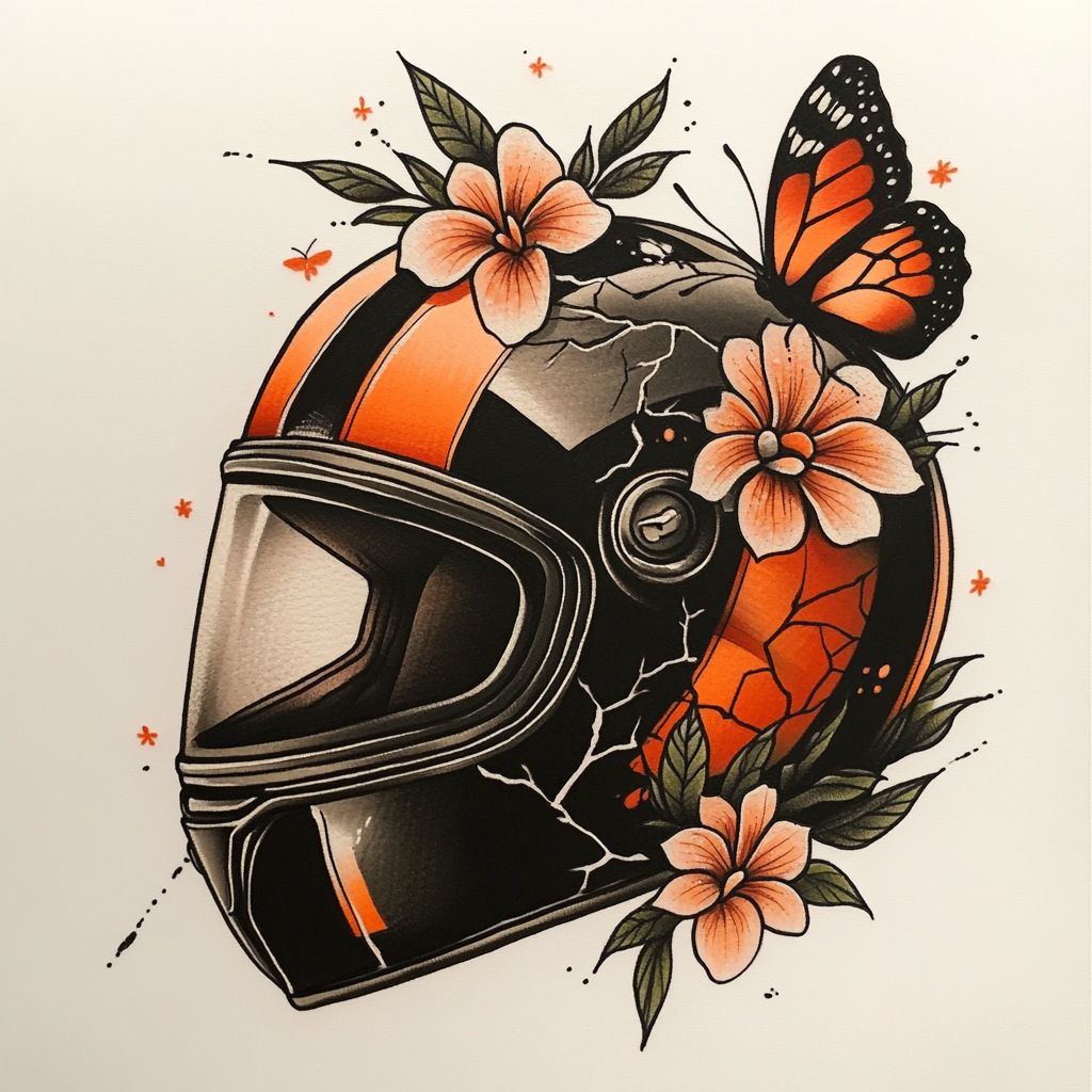 Black and orange motorcycle helmet with cracked visor.