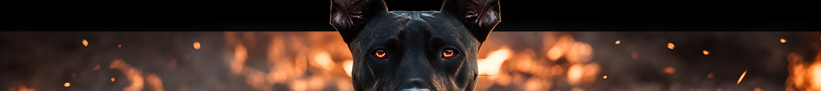 Black and red Doberman with fiery powers, glowing eyes.