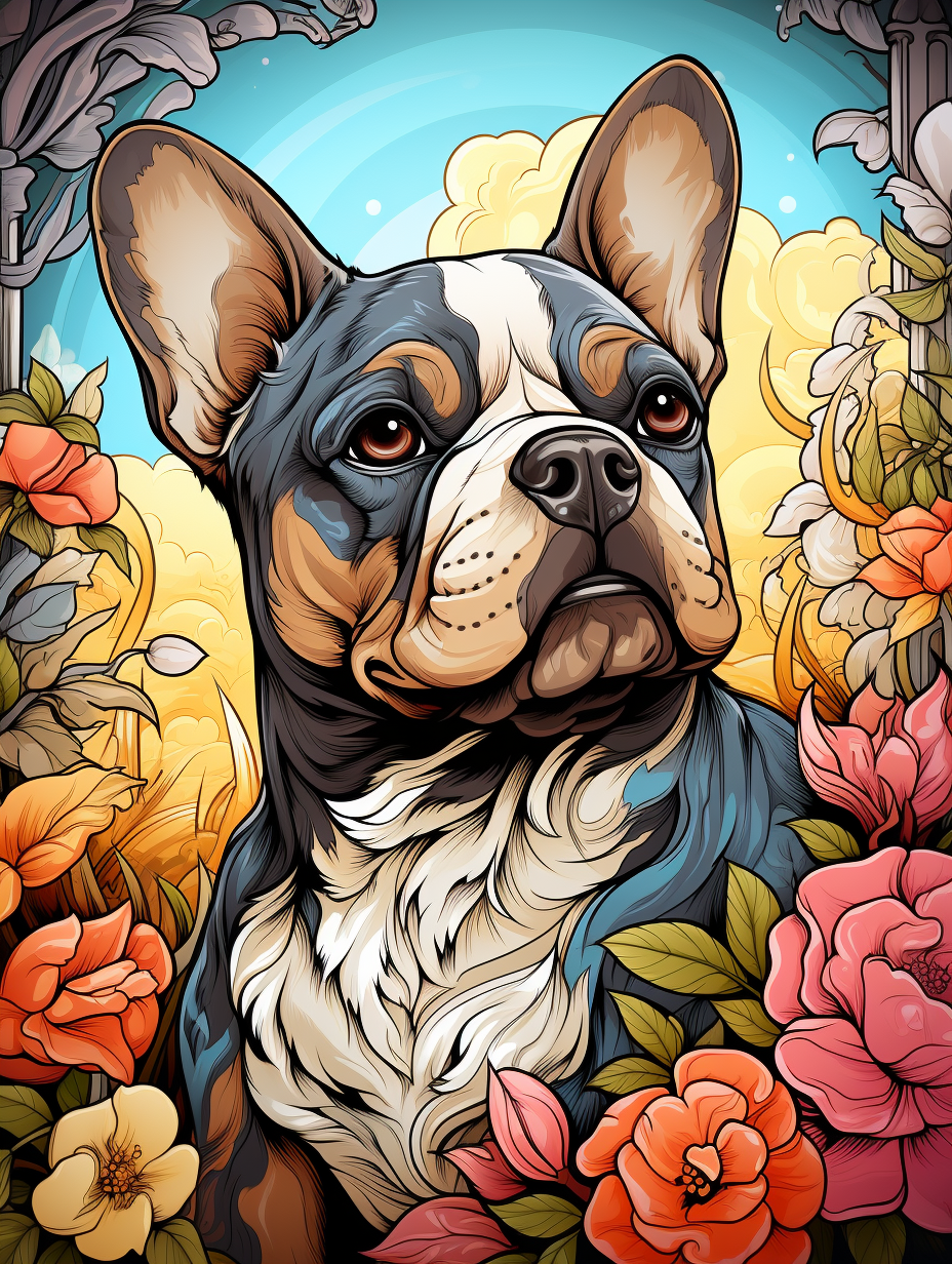 Black and white French bulldog illustration with intricate style.