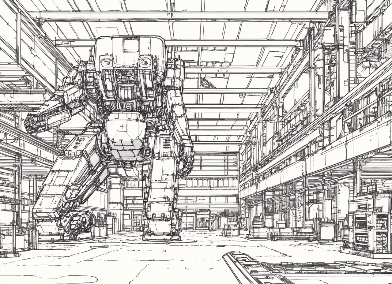 Black and white Japanese warehouse robot coloring page.