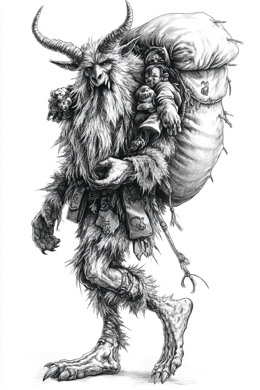 Black and white Krampus concept art design sheet.