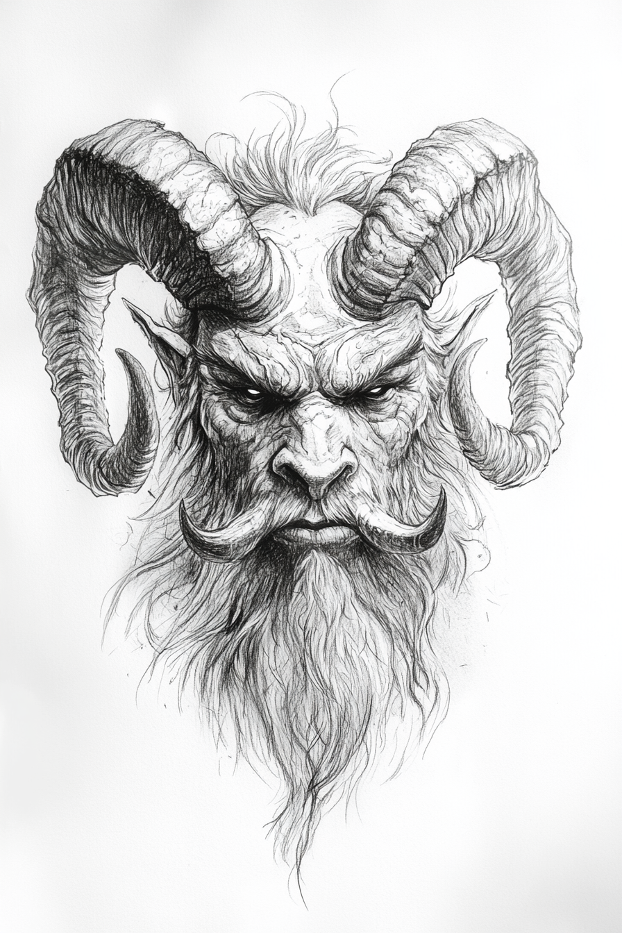 Black and white Krampus fantasy concept art portrait.