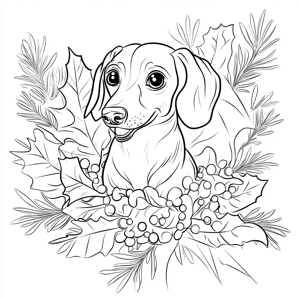 Black and white cartoon dachshund under mistletoe drawing.