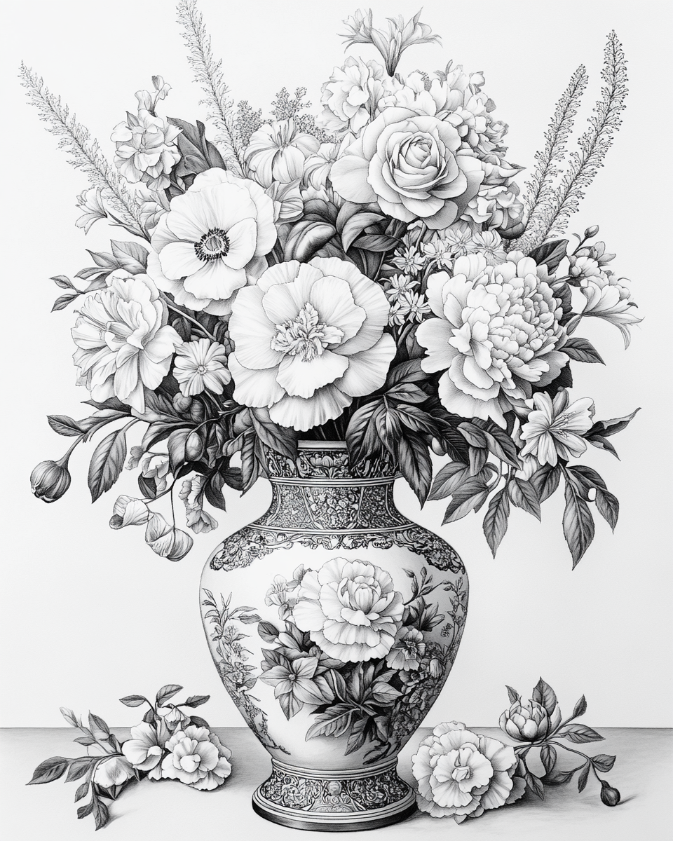 Black and white coloring page of flower arrangement