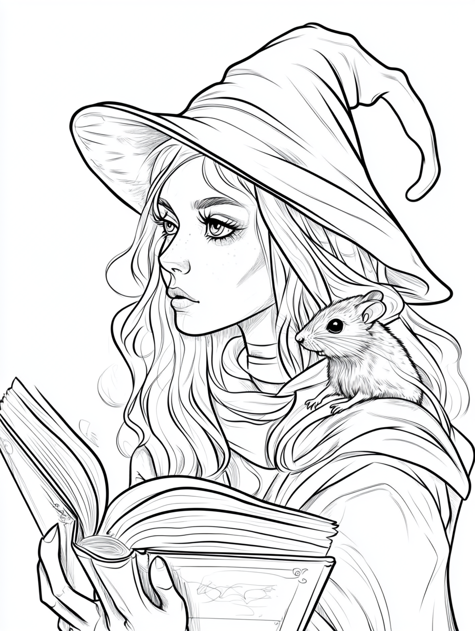 Black and white coloring page of teenage witch reading.