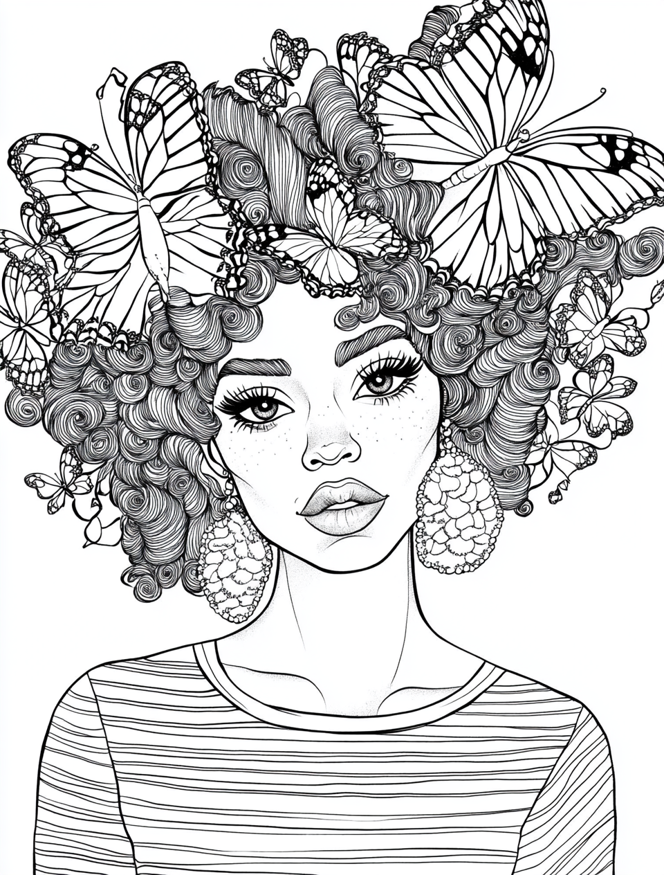 Black and white coloring page of woman with afro.