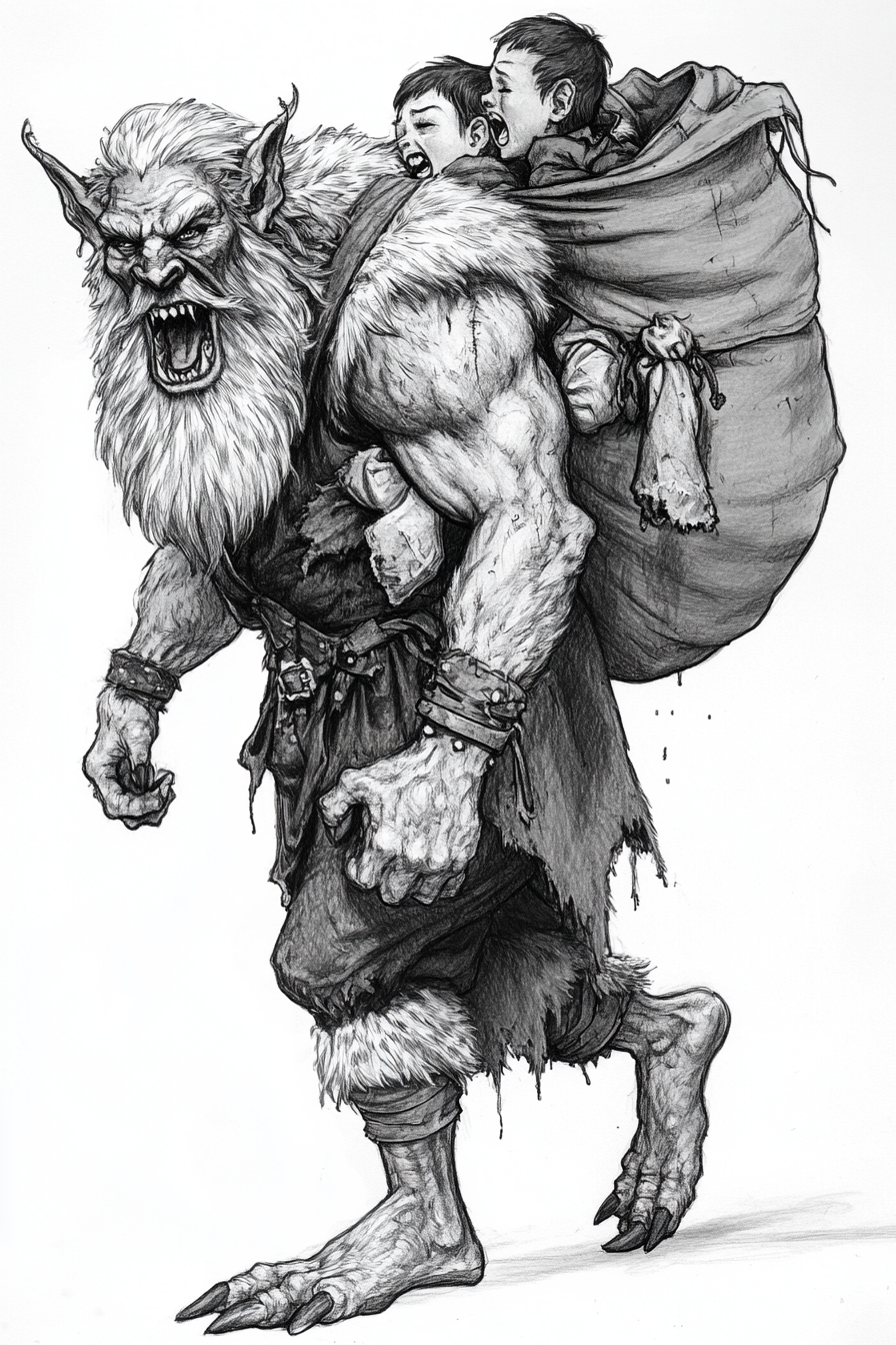 Black and white concept art of Krampus carrying children.