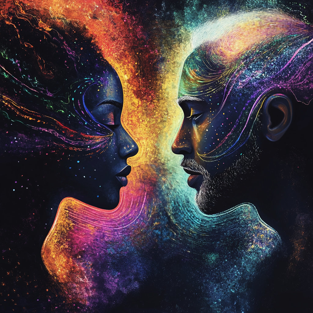 Black and white couple sharing telepathy with energy waves. 