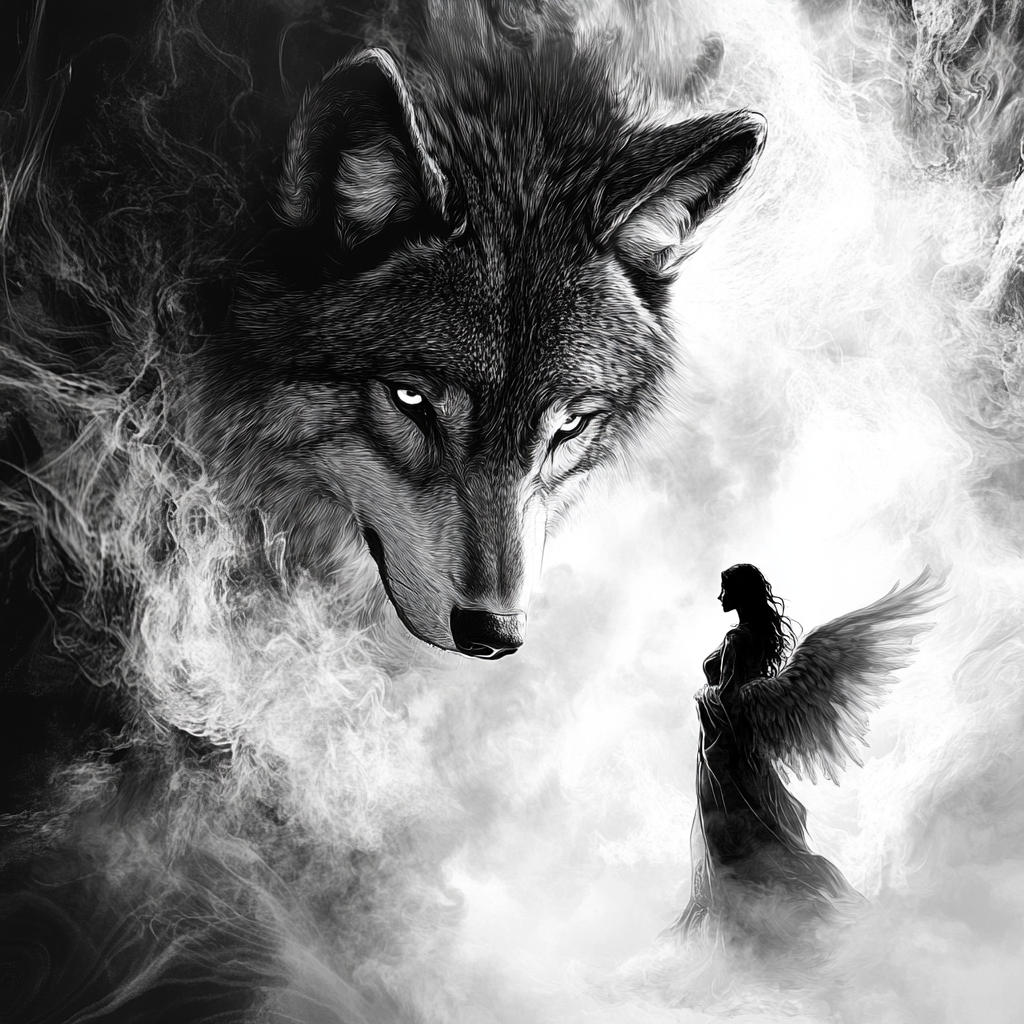 Black and white drawing, wolf and angel in smoke.