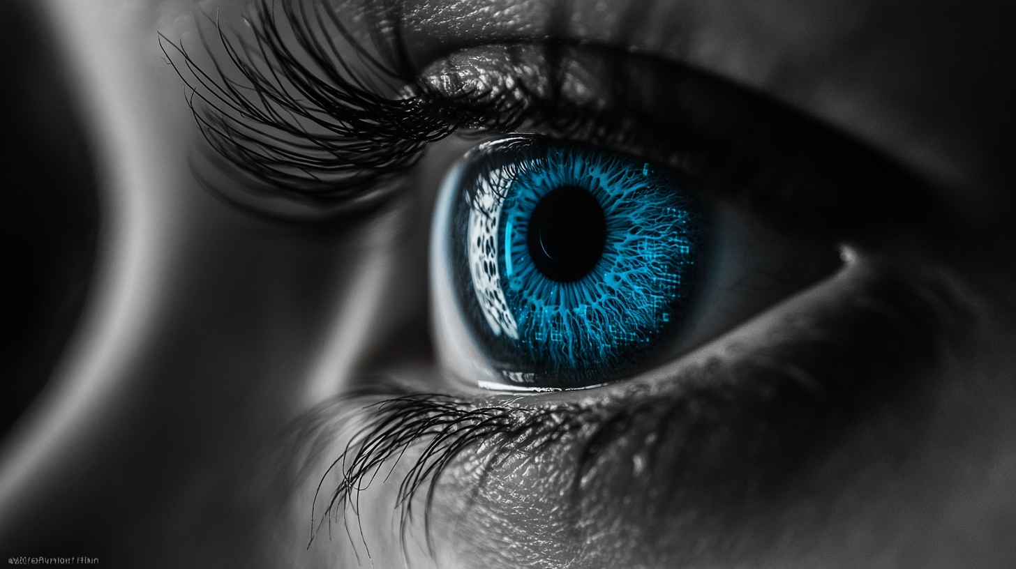 Black and white eye with blue iris focused on AI HR interface