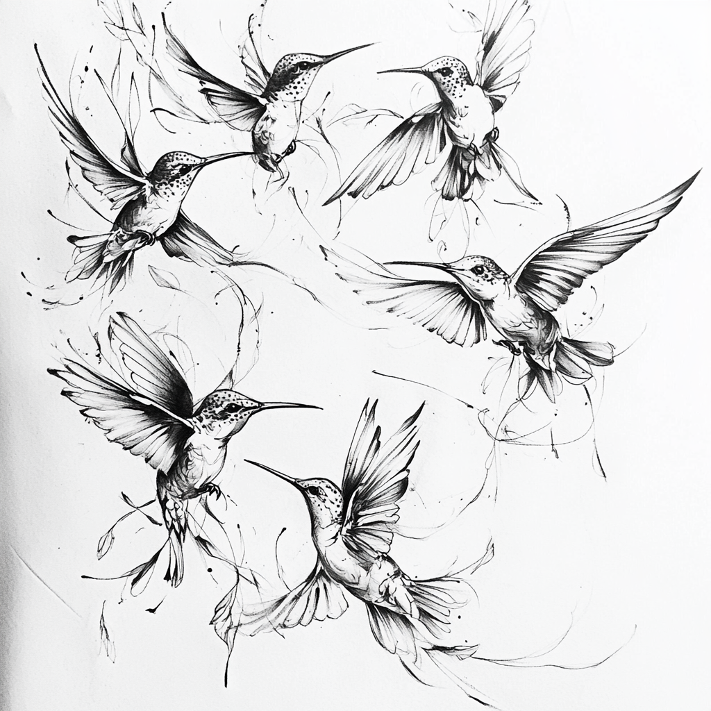 Black and white flying hummingbirds for tattoo design