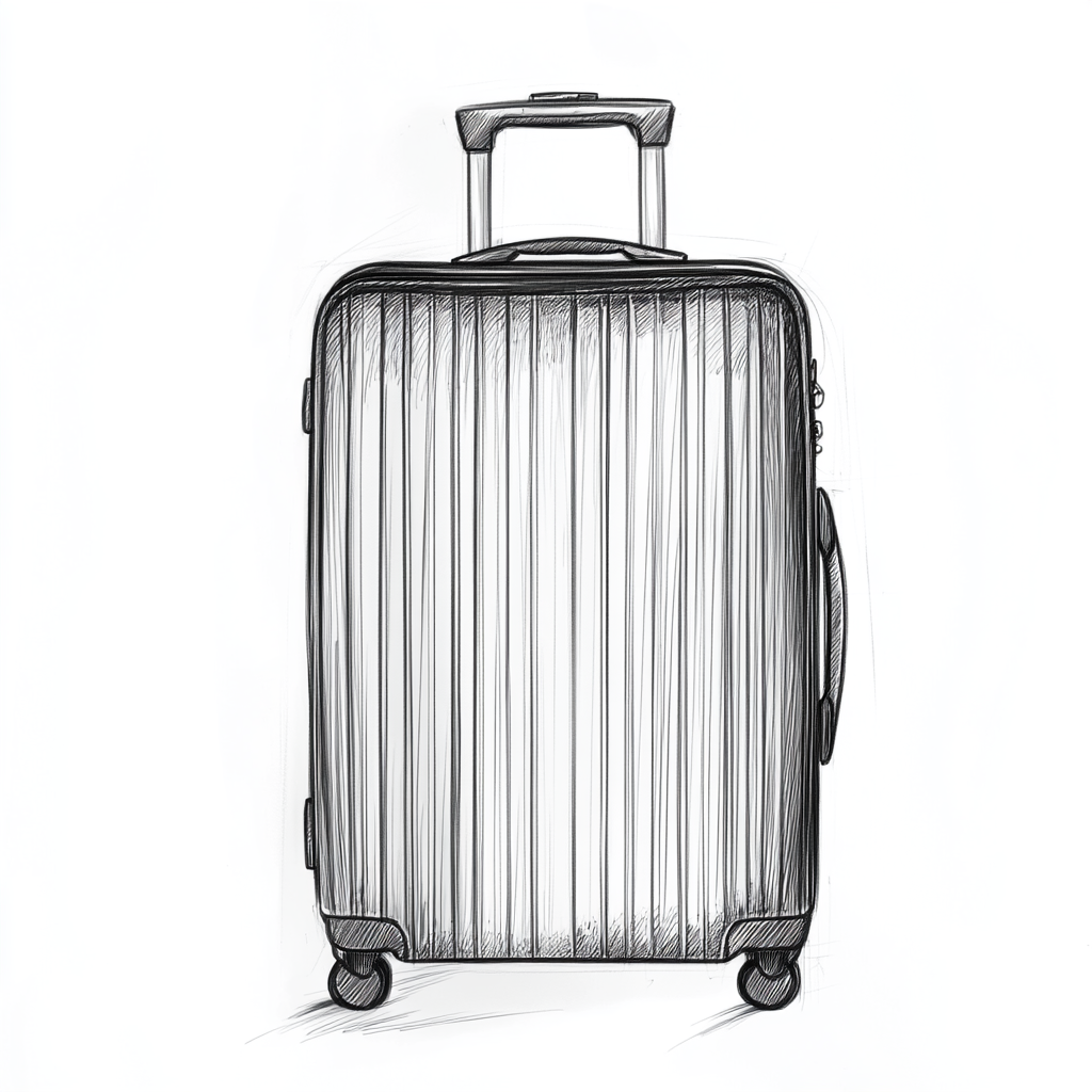 Black and white front-view sketch of minimalist suitcase.